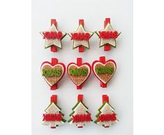 Set di 9 mollette segnaposto natale, xmas christmas albero cuore stella, juta, rosso verde, 4,5 cm