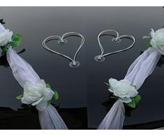 Autoschmuck Decorazioni per Macchina Nastro in Organza + Cuori Ornamentali, per sposi, Matrimoni, Motivo: Rose, Decorazioni per Auto, Rattan (Bianco)