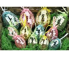 COM-FOUR® 8 Uova di Pasqua con Gancio in Diverse Misure, Colorate Decorazioni pasquali con Effetto Mosaico (08 Pezzi - mescolare Giallo + Rosa)