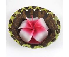 Candela profumata decorativa a forma di fiore di frangipano, colore rosso in mezzo guscio di noce di cocco.