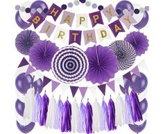 Zerodeco Compleanno Decorazione, Viola Striscione di Happy Birthday con ventagli di Carta Ghirlanda Stringa Bandiera Zigolo Bandiera Nappa e Palloncino per Feste di Compleanno Decorazione
