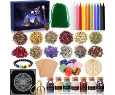 BEYAOBN Starter kit per stregoneria, forniture per stregoneria per altare Wiccan di cristalli erbe secche, candele magiche colorate, sacchetti per ciondoli e sale per streghe rituali per incantesimi