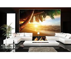 Spiaggia di sabbia con il tramonto FOTOMURALE- paradiso con palme e mare quadro - XXL Beach decorazione da parete