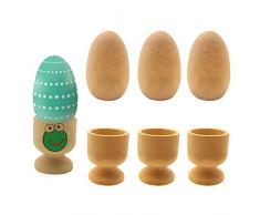 EQLEF Uova di Legno, Uova di Pasqua in Legno Uova di Legno Finte Non Verniciate con Porta Uova in Legno Set Fai da Te per Bambini Adulti (8 Pezzi)