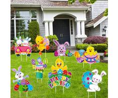 HOWAF Pasqua Giardino Decorazioni Addobbi, 8pcs Segnale Cartelli di Giardino per Pasqua Prato Esterno Decorazioni Addobbi, Divertente attività Gioco Decorazioni Props con Bastoni