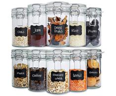 Creative Home 10 Barattoli Vetro Ermetici | 10x500ml | Set Vasetti Contenitore Cucina con Coperchio per Sale Zucchero Caffe Biscotti | Barattoli Porta-Spezie | 12 Etichette Lavagna Adesive + Gessetto