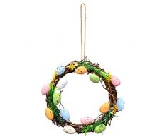 Henoot Ghirlanda per porta con pollo e uova di Pasqua, corona pasquale, fiori in legno, uova di Pasqua, uova colorate, fai da te, in rattan, corona con coniglio, decorazione