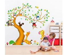 ufengke® Cartone Animato Albero Felice Animali con Gufo Scimmie Zebra Giraffa Adesivi Murali, Camera dei Bambini Vivai Adesivi da Parete Removibili/Stickers Murali/Decorazione Murale