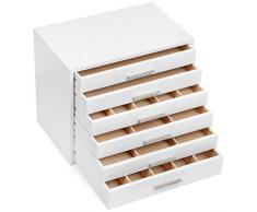 SONGMICS Scatola Portagioielli in Legno, Cofanetto per Bigiotteria a 6 Ripiani, Organizzatore di Gioielli, Ideale per Collane, Orecchini, Occhiali da Sole, Braccioli, Orologi, Bianco JOW13WT