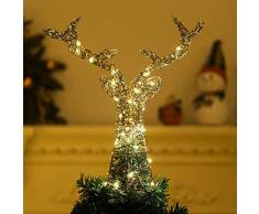 Shinowa Punte Albero di Natale, Puntale Albero Natale a Forma di Cervo, Punta Albero in Metallo, Decorazione Albero di Natale, Ornamento Natalizio Luce a LED Automatico a 3 AA Batterie, Oro