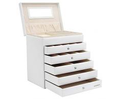 Yorbay Portagioie Scatole per gioielli Custodia con specchio Cofanetto orologi braccialletti anelli (5 cassetti, Bianco)
