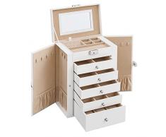 SONGMICS Scatola Portagioie Grande, Porta Gioielli a 6 Livelli con Ali, Cassetti, Specchio e Chiusura, per Braccialetti Orecchini Anelli Collane Orologi Monili, Idea Regalo, Bianco JBC152W01