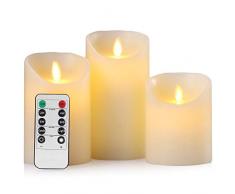 Aku Tonpa Candele senza fiamma pilastro pilastro in vera cera tremolante movimento stoppino elettrico LED candela set con telecomando ciclismo 24 ore, confezione da 3