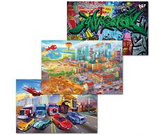GREAT ART Set di 3 Poster XXL Motivi per Bambini - Big City - Grande Città Oggetto Nascosto Car Racing Graffiti Arte di Strada Aeromobili Interior Decorazione Murale 140 x 100 cm