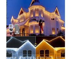 Luci natale esterno cascata 10 metri, KITASST 400 LED cascata luci catena luminosa con telecomando 11 modalità bianco caldo e freddo tende luminosa, per feste, casa, Natale, finestra, matrimonio