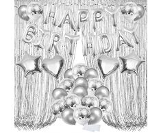 Zerodeco Decorazione Compleanno, Argento Happy Birthday Palloncini Palloncino in Foil a Cuore Palloncino a Stella Palloncini in coriandoli Tende a Frange Foil Curtain per la Decorazione di Festa