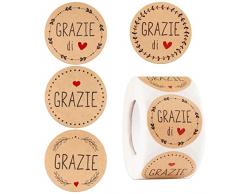 500pz(Dia.4cm) Etichette Adesive GRAZIE Adesivi Grazie di Cuore Rotonde Kraft Stickers Thank You Italiano Adesivi Chiudipacco per Buste Rigraziamento Compleanno Matrimonio Bomboniere