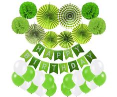 Decorazione di compleanno, banner di buon compleanno, pom pom di carta velina, set di ventagli di carta appesi e palloncini da 20 pezzi per tutte le decorazioni per feste di compleanno - Verde