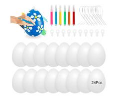 Bluelves Uova di Pasqua Decorazioni, 24 Uova Pasquali da Appendere, Uova Plastique,Bianco Uova Pasquali con La Corda, Pittura di Artigianato Fai da Te di Pasqua per La Decorazione e Regalo