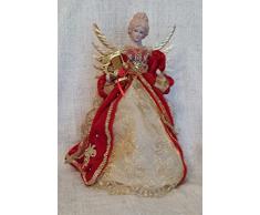 Puntale per albero di Natale a forma di angelo, angelo con arpa rosso e oro, ali di metallo dorato
