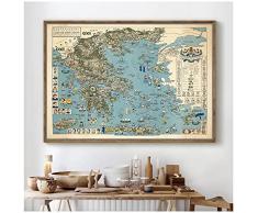 DLFALG 1962 Mappe dellAntica Grecia HD Avventura Mappa dEpoca Dipinti su Tela Poster retrò Immagine di Arte della Parete Stampa Home Decor-50x70cm Senza Cornice