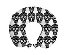 ABAKUHAUS Carnevale Cuscino da Viaggio, Ornamentali Skull Stampa, Accessorio in Schiuma di Memoria per Viaggio, 30 cm x 30 cm, Charcoal Grey Bianco