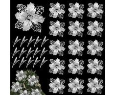 RUHM 15 Pezzi Stelle di Natale Artificiali,Stelle Natale Fiori,Fiori di Natale Artificiali,Fiori per Albero di Natale,Fiori Decorativi di Natale,Addobbi Albero di Natale Fiori (Argento)