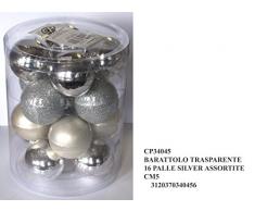 Idea Natale: barattolo trasparente con 16 palle silver argento diametro cm 5 assortite, glitterate, lucide, satinate per addobbo albero di natale o feste e party