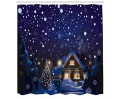 ABAKUHAUS Natale Tenda da Doccia, Winter Night House, Facile da Pulire, 175 x 200 cm, Blu Navy Giallo