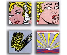 Quadri Moderni LICHTENSTEIN Roy 4 pz. pezzi Pop Art Pop-art Stampa su Tela CANVAS Arredamento Arte Astratto XXL Arredo per soggiorno salotto camera da letto cucina ufficio bar ristorante