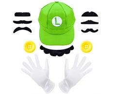Kitimi Cappello Mario e Luigi, costume super mario con Luigi Cappello Guanti e Baffi, Carnevale Halloween Cosplay Costume Decorazione per ragazzo ragazza bambini adulti (Verde)