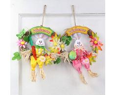 Amosfun - Ghirlanda Pasquale in Rattan con spaventapasseri seduti su di essa, Decorazione Floreale da Appendere per Pasqua (Rosa)