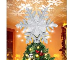Elover 2 in 1 Albero di Natale Illuminato con Topper Bianco 3D Fiocco di Neve del proiettore, Nastro della Neve Puntale dellalbero di Natale per Natale Nursery Camera Decorazione di Festa (Argento)