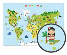 ARTBAY Bambini Mappa del Mondo - XXL Poster - 118,8 x 84 cm - Mappa del Mondo per i Bambini con Figure allegre e Animali