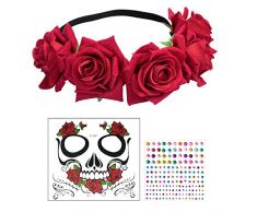 LOPOTIN 3pcs Fascia per capelli Costume con fiori Il giorno dei morti Corona Rosa Fascia capelli Fiore rosso messicano Spose principessa Decorazione nozze Capelli Ornamento sposa Ragazze Donne