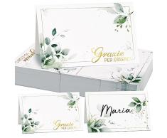 50pz Segnaposto Cartellini Tavolo Scritta Grazie per esserci per Matrimonio Compleanno Comunione Battesimo Cresima Laurea Bigliettini Carta Verde Foglie Oro Decorazione Festa Bomboniere