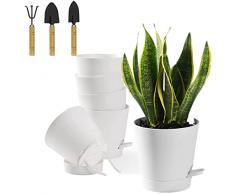 AIQII Set di 6 vasi da fiori in plastica da 20 cm, con sistema di irrigazione, colore bianco, con sottovaso, vaso rotondo per piante da giardino e da balcone