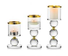 Sziqiqi Portacandele a Colonna in Cristallo, Set di 3 Candelieri in Vetro Trasparente, Candelabri Centro Tavola Moderno per Soggiorno Matrimonio Porta Candele per Decorazione Natalizia, Oro