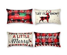 4 Pacchi Federa per Cuscino Natalizio Have Yourself A Little Merry Christmas Federa con Buffalo Nera Rossa Inverno di Camion di Cervi Fiocco di Neve Fodera per Cuscino, 12 x 20 Pollici