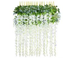 YQing 12 Pezzi Fiori Artificiali Glicine, Fiore Artificiale Glicine Finto Pianta Rampicante Seta Fiore in Rattan Bianco Fiori Ghirlanda Party Domestica Fiore Appeso Wedding Decorazione