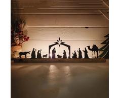 Decorazione natalizia – Portacandele in metallo nero con base in legno – Set presepe ritagliato, portacandela per decorazione natalizia da tavolo centrotavola