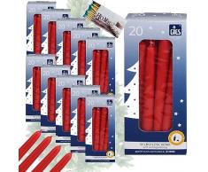 GIES Set di candele rosse | Confezione da 200 candele autoestinguenti per albero di Natale, 12,4 cm x 1,2 cm (10 x 20 pezzi) + 1 legno per albero di Natale, candele a piramide, qualità immerse a mano