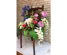 La Favola Incantata® - SEDIA FIORIERA VINTAGE COUNTRY SHABBY IN LEGNO NOCE ITALIANO CON COMPOSIZIONE FLOREALE H 90 L 40 P 40 CM