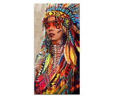 Stampa artistica su tela con immagine di ragazza indiana nativa americana con piume colorate, accessorio etnico moderno, decorazione per la casa per il soggiorno, Tela, 28x56 inch feathers girl-5