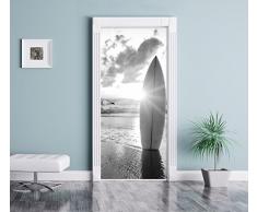 Tavola da surf sulla spiaggia al tramonto Arte B & W come Murale, Formato: 200x90cm, telaio della porta, adesivi porta, porta decorazione, autoadesivi del portello