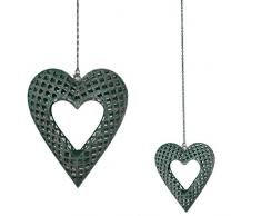 Grande portacandela lumino da appendere in metallo intagliato a forma di cuore verde antico