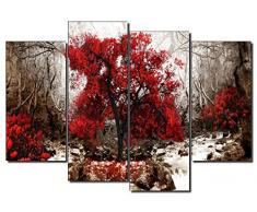 Dekoarte 274 - Quadro moderno su tela montato su telaio in legno di 4 pezzi, natura paesaggio con albero rosso fondo ocra, 120x90cm