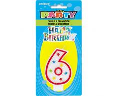 Unique Party 37316 - Candela per il Compleano Numero 6 Con Glitter e Decorazione per Torte Happy Birthday