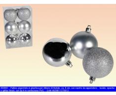 Idea Natale: set di 6 palle argento con nastro per albero. Diametro 6cm