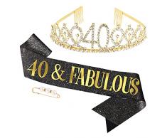 Heyu-Lotus - Diadema con strass, per 40 anni e 40 anni, da donna, con corona, kit di compleanno, accessori per decorazione di compleanno per 40 anni, colore: oro